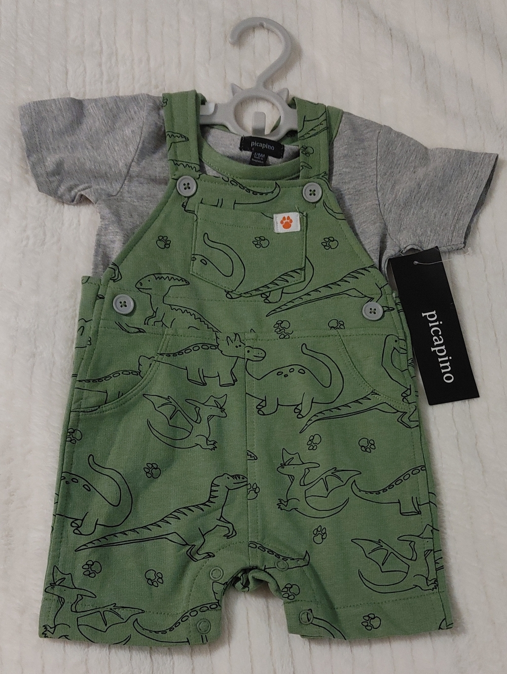 2 PC Picapino Green Dino Short Overalls with Gray Tee